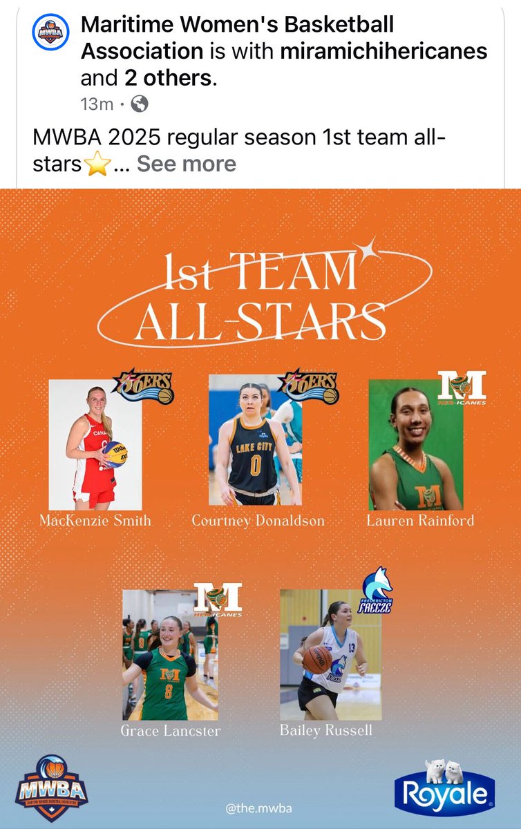 Big shout out to our very own Grace Lancaster &amp; Lauren Rainford on being named to the 2025 MWBA 1st Team All Stars ⭐️ ⭐️ ⭐️ Congratulations ladies…very well deserved!! We are very proud of you both 💚🏀🧡 <a href="/wattersja/">Jim Watters</a>  <a href="/rewind959fm/">Rewind 95.9</a>  <a href="/the_mwba/">Maritime Women's Basketball Association</a>  <a href="/PQMiramichi/">Paddy Quinn</a>  <a href="/NeilBnbtd/">Neil Smith</a>
