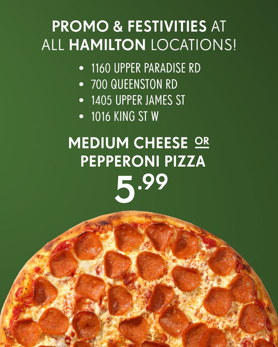 🗣 HAMILTON!

To celebrate the grand opening of our Rymal St location, we're stopping by every Pizza Nova in your city for $5.99 pizzas and entertainment. 🍕

$1 from every promotional pizza sold will be donated to Hamilton Food Share. 🫶

See you there! 👋