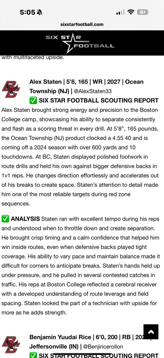 AlexStaten33's tweet image. Thank you @sixstarfootball for the Report. Gettin better everyday‼️‼️@BCFootball @_CoachBR @CoachWillBC @Barnaby94 @Coach_tye7 @Coach_JDiBiaso