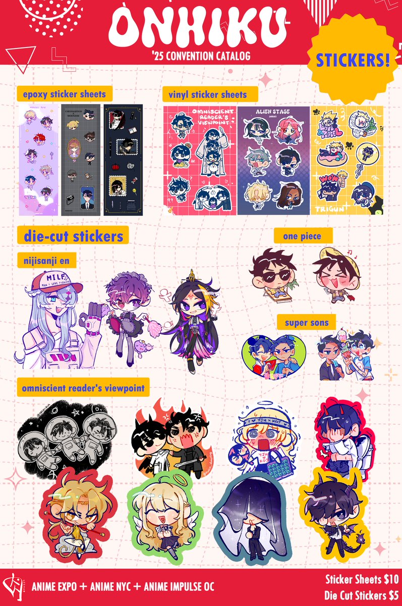 onhiku's tweet image. ✨🥩2025 Convention Catalog! 🥩✨
🥓Cons: AX25, ANYC25, AIOC
🥓Fandoms: GSGW/GDCG, ORV, DoD, Alien Stage, Raidou Kuzunoha, HQ!!, One Piece, NijiEN, Arknights, Enstars + more!
🥓Stamp rallies + freebies will be added in replies!
#AXArtistAlley2025 #AX2025ArtistAlley #AXcatalog