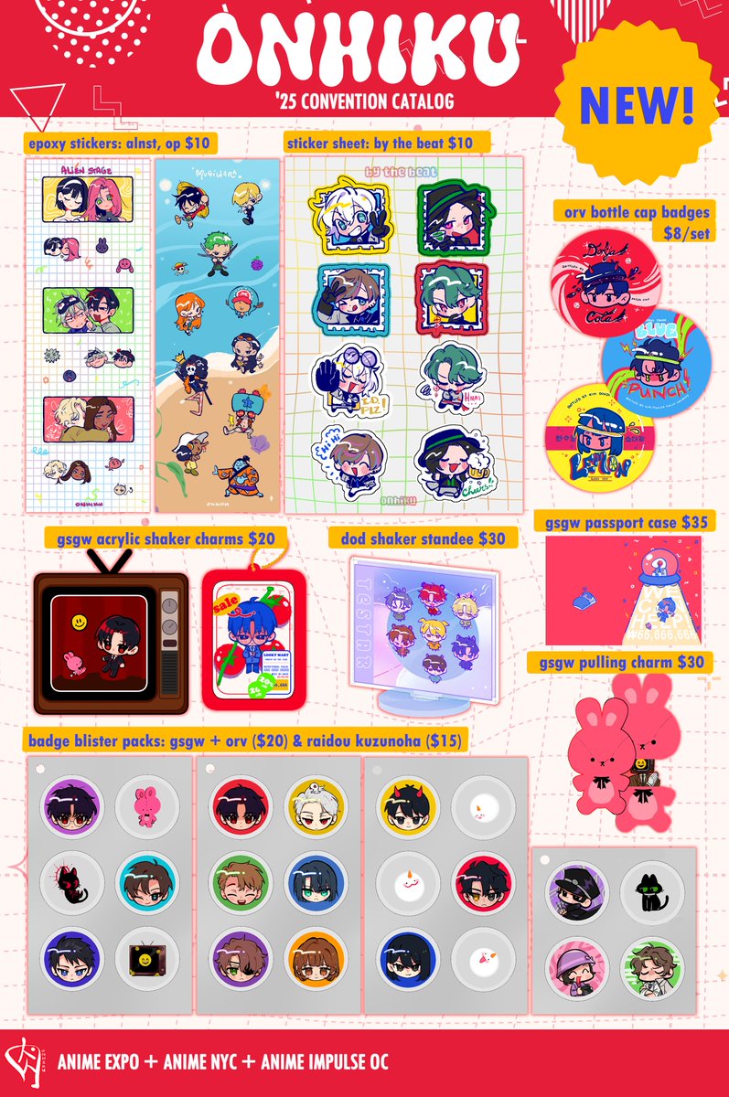 onhiku's tweet image. ✨🥩2025 Convention Catalog! 🥩✨
🥓Cons: AX25, ANYC25, AIOC
🥓Fandoms: GSGW/GDCG, ORV, DoD, Alien Stage, Raidou Kuzunoha, HQ!!, One Piece, NijiEN, Arknights, Enstars + more!
🥓Stamp rallies + freebies will be added in replies!
#AXArtistAlley2025 #AX2025ArtistAlley #AXcatalog
