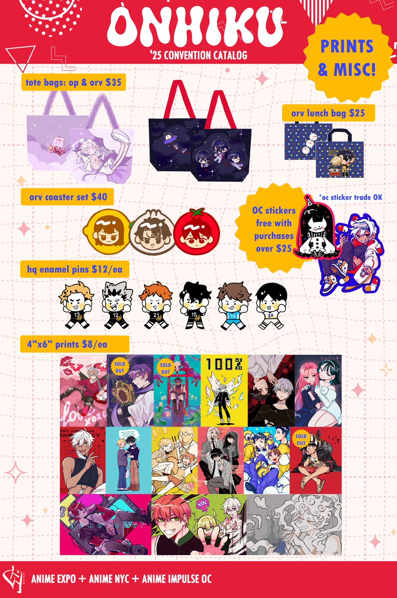 onhiku's tweet image. ✨🥩2025 Convention Catalog! 🥩✨
🥓Cons: AX25, ANYC25, AIOC
🥓Fandoms: GSGW/GDCG, ORV, DoD, Alien Stage, Raidou Kuzunoha, HQ!!, One Piece, NijiEN, Arknights, Enstars + more!
🥓Stamp rallies + freebies will be added in replies!
#AXArtistAlley2025 #AX2025ArtistAlley #AXcatalog
