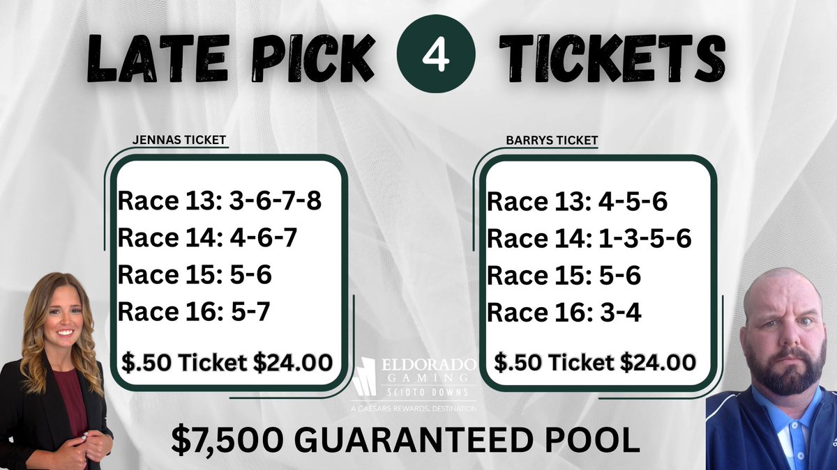 The late pick 4 will have a guaranteed pool of 💲7️⃣,5️⃣0️⃣0️⃣! Here’s a look at <a href="/JennaBAOtten/">Jenna</a> &amp; <a href="/That1BarryGuy/">Barry Vicroy</a> tickets!