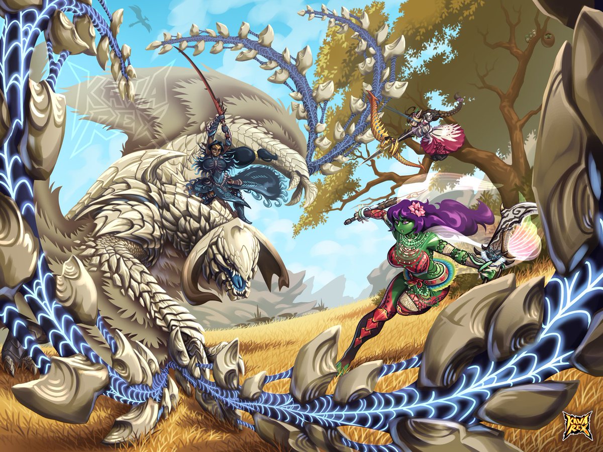 ELDALAMADUR's tweet photo. 3/3
 These three hunters are sexy besides not being afraid of anything 💜⛓🐉⛓💜
 Commission for @violet_scales
 #MonsterHunter #MHWilds #Commission https://t.co/033xahFemO