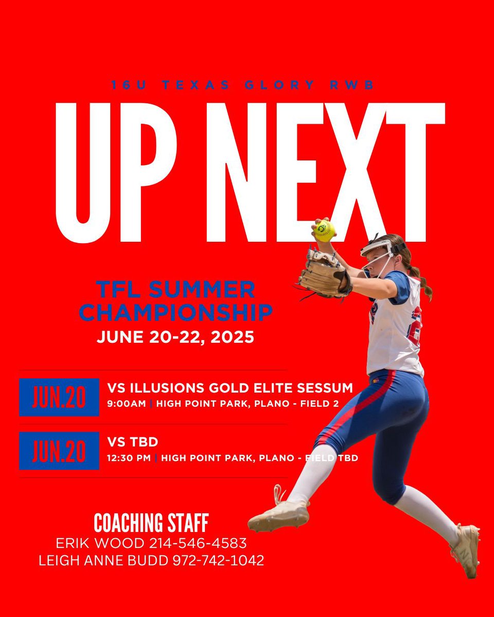Meredith Hambric 2028 (@meredithhambric) on Twitter photo Hit the field 9am tomorrow for the TFL Summer Championships! High Point Park Field 2!
<a href="/16uTXGloryRWB/">16U Texas Glory RWB</a> <a href="/BNHS_Softball/">Byron Nelson Softball</a> <a href="/Coach_LBudd/">Coach Budd</a> Hit the field 9am tomorrow for the TFL Summer Championships! High Point Park Field 2!
<a href="/16uTXGloryRWB/">16U Texas Glory RWB</a> <a href="/BNHS_Softball/">Byron Nelson Softball</a> <a href="/Coach_LBudd/">Coach Budd</a>