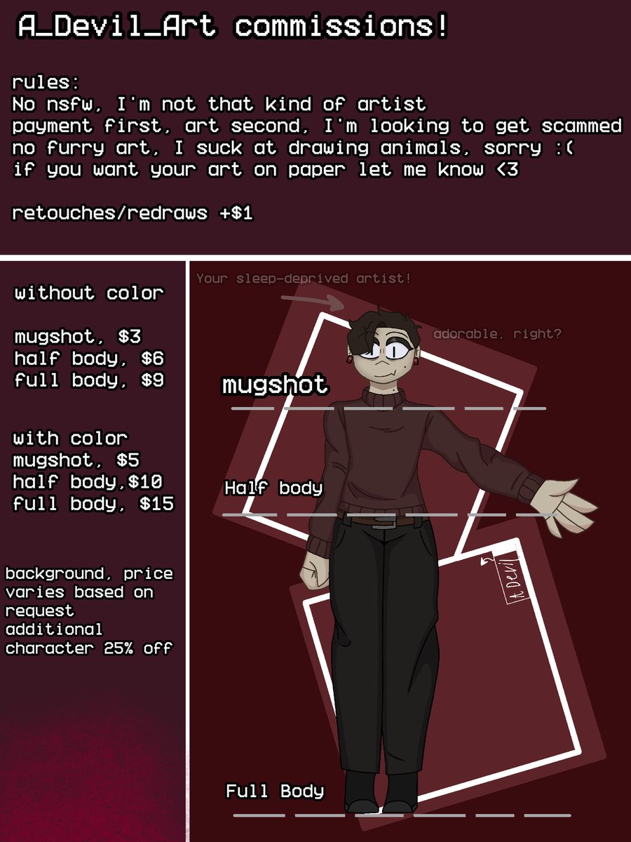 🚨COMMISSIONS ARE OPEN!🚨

Dm me for requests! I'll get back to you when I'm available, I have 4 slots for now!

Im still setting up my CashApp so for now all I have is GreenLight, here is the pay link:  gl.me/u/4pdXnVQL8CTX

#art #artist #oc #Commission #commissionart #ocart