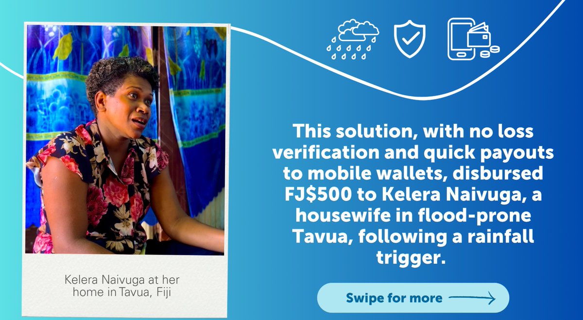 UNDP_Pacific's tweet photo. 🇫🇯☔️Parametric insurance is helping #Fijian households recover faster from extreme weather events.  💰In Tavua, Kelera Naivuga &amp; her mother received payouts within 2 weeks that eased the impact of heavy rainfall.
 📢 Watch this space for more inspiring stories! https://t.co/MmyuVreS42