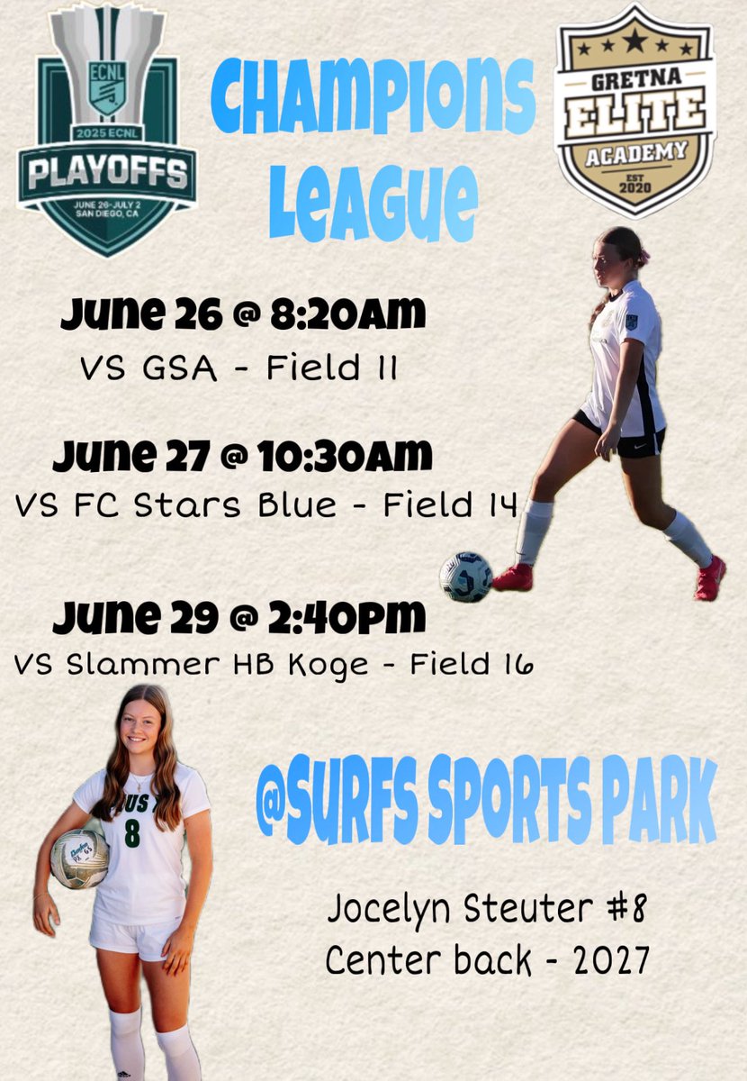 Jocelyn Steuter (@jsteuter2027) on Twitter photo Excited for the opportunity to compete next week at #ecnlplayoffs Come watch <a href="/Gretna08ECNL/">GEA 08G ECNL</a>
<a href="/ImCollegeSoccer/">College Soccer Truth ™</a> <a href="/ImYouthSoccer/">ECNL/GA/Recruiting/College Soccer</a> <a href="/JonBrezenski/">Jon Brezenski</a> Excited for the opportunity to compete next week at #ecnlplayoffs Come watch <a href="/Gretna08ECNL/">GEA 08G ECNL</a>
<a href="/ImCollegeSoccer/">College Soccer Truth ™</a> <a href="/ImYouthSoccer/">ECNL/GA/Recruiting/College Soccer</a> <a href="/JonBrezenski/">Jon Brezenski</a>