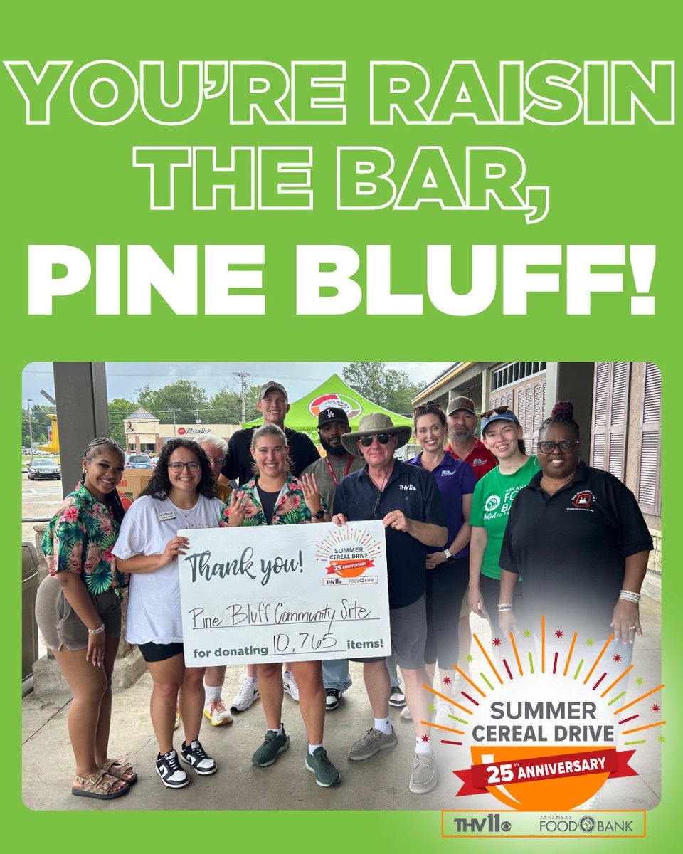 Pine Bluff -- you gave us such a special morning! Thank you to everyone who came out!! In total, Pine Bluff donated 10,765 breakfast items!! Way to go!!

Our last stop on the 25th Anniversary Summer Cereal Drive World Tour is the Little Rock Walmart Supercenter on Bowman!