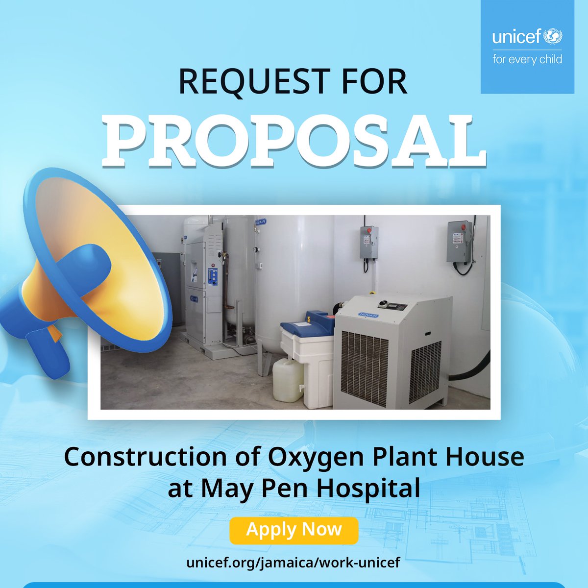 UNICEFJamaica's tweet image. 📢Request for Proposal: Construction of Oxygen Plant House at May Pen Hospital in Clarendon 🚧

📧 Submit your proposals to jam-procurement@unicef.org by July 18, 2025. For more details, visit unicef.link/4kSm90y

#RequestForProposal
#ConstructionRFP 
#OxygenPlant