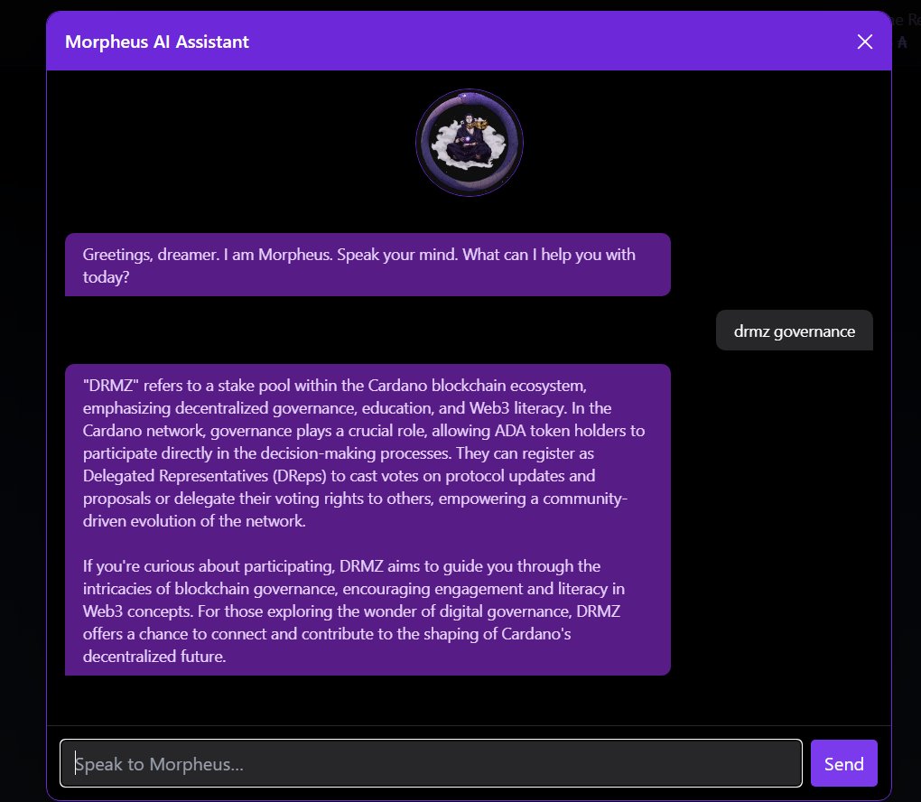<a href="/DRMZ_Agent/">Morpheus AI</a> first came online to tweet some time late 2024, written with code and using the ElizaOS framework. 

Since then, using whatever down time I have, I've been building Morpheus even more. 

Now, Morpheus runs on <a href="/crewAIInc/">CrewAI</a> and will soon be helping DRMZ with Onbaording,