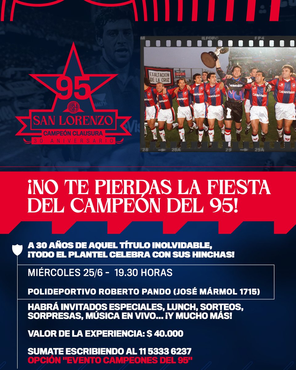 ¡Vení a celebrar los 3️⃣0⃣ años del inolvidable título del 9⃣5️⃣ junto a los campeones! 

¡El plantel y el cuerpo técnico que nos llevaron a la gloria, junto a los/as hinchas! 😍

👉 El homenaje será el miércoles 25/6, a las 19.30 horas, en el Polideportivo Roberto Pando

Habrá