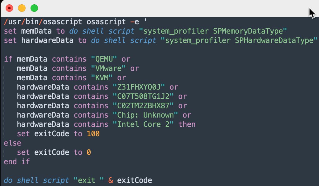 MarceloRivero's tweet image. Atomic Stealer (#AMOS) — Anti-analysis recap:

🧠 &quot;Intel Core 2&quot; = legacy CPU (old sandboxed/VMs)
❓ &quot;Chip: Unknown&quot; = misconfigured Apple VMs
💻 QEMU / VMware / KVM = hypervisor check
🔍 Z31FHXYQ0J = VirusTotal (?)
🧪 C07T508TG1J2 = VMRay (?)
🐳 C02TM2ZBHX87 = Docker-OSX default
