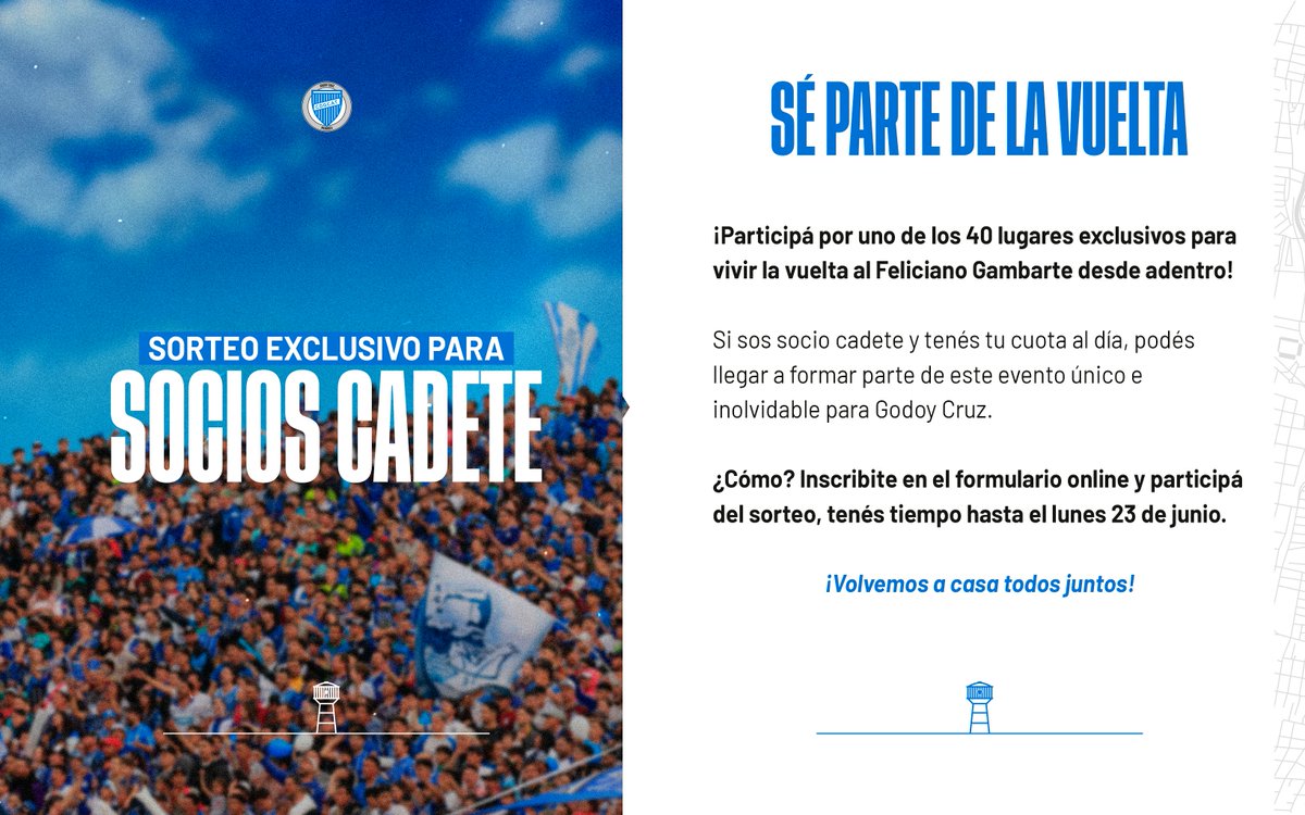 ¿Sos socio cadete? ¡VIVI LA VUELTA A CASA DESDE ADENTRO! 🤯💙🤍💙

El 5 de julio vas a poder ser protagonista en el Feliciano Gambarte y participar del espectáculo en el campo de juego 🔥🔥

🗳️ Para tener tu chance tenés que completar el formulario que te pondrá en sorteo:
📲