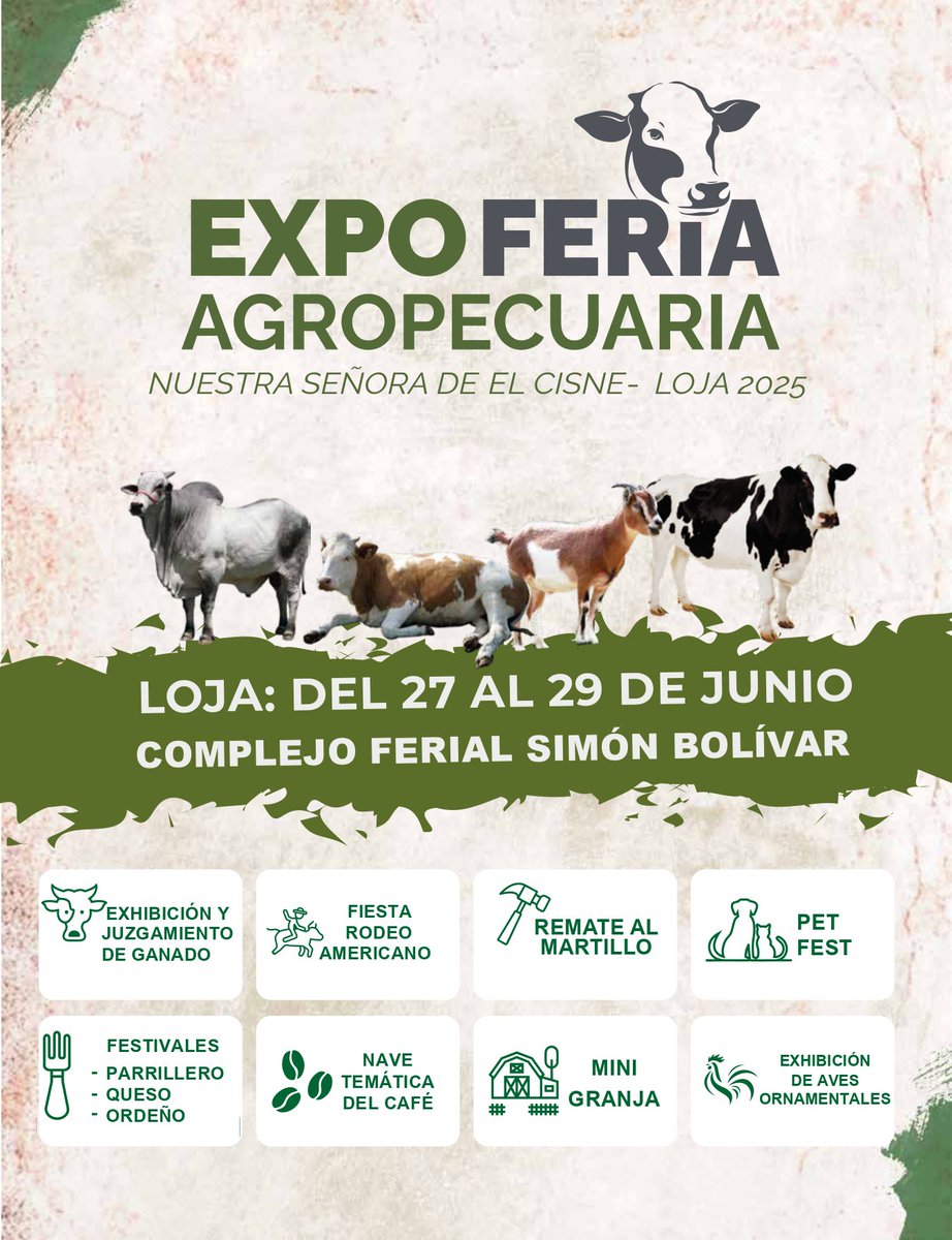 mariomancino's tweet photo. 🐄❤️📅 ¡La agenda está lista! Este 27, 28 y 29 de junio te esperamos en la #ExpoFeriaAgropecuaria Loja 2025 🔜

Habrá rodeo, festivales, remates, café, mini granja y sabor rural 🥩🔥
📍Complejo Ferial Simón Bolívar

📲 Mira toda la programación aquí 👇

💪🤠#SabemosTrabajar #MancinoPrefecto