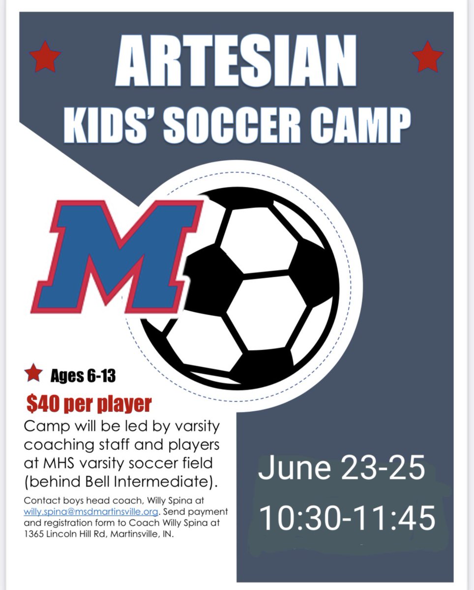 Martinsville Girls Soccer (@ladyartiesoccer) on Twitter photo Join us next week for Artesian kids soccer camp! Will be a fun few days of training and games. <a href="/Artesian_Soccer/">MHS Boys Soccer</a> <a href="/ArtesianNation/">Artesian Athletics</a> <a href="/MSDMartinsville/">MSD of Martinsville</a> <a href="/BellCatMHS/">Jeff Bell</a> <a href="/SCSA_Soccer/">SCSA Eleven</a> <a href="/cutterssoccer/">Cutters Soccer Club</a> <a href="/BBJYMCA/">YMCA of Morgan County</a> <a href="/ArtesianCheer/">MHS Cheer</a> Join us next week for Artesian kids soccer camp! Will be a fun few days of training and games. <a href="/Artesian_Soccer/">MHS Boys Soccer</a> <a href="/ArtesianNation/">Artesian Athletics</a> <a href="/MSDMartinsville/">MSD of Martinsville</a> <a href="/BellCatMHS/">Jeff Bell</a> <a href="/SCSA_Soccer/">SCSA Eleven</a> <a href="/cutterssoccer/">Cutters Soccer Club</a> <a href="/BBJYMCA/">YMCA of Morgan County</a> <a href="/ArtesianCheer/">MHS Cheer</a>