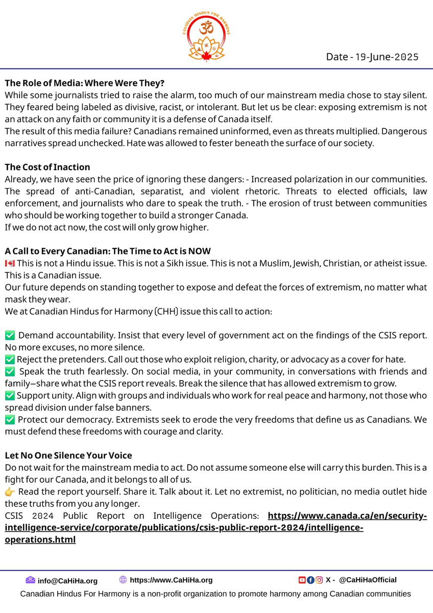 CaHiHaOfficial's tweet photo. 🇨🇦Must-read! Call to action: “A Nation at Risk - Why Every Canadian Must Wake Up to the Threats Exposed by CSIS”
It’s time to stand for Canada. No more silence. No more appeasement.
📢 Read, share, act.
#ExposeExtremism #ProtectCanada #CSISReport #UnitedCanada #TruthMatters #CHH https://t.co/7h9DrazkAg