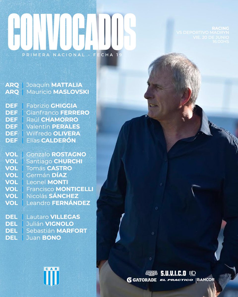 #Convocados <a href="/ClubARacing/">Club Atlético Racing</a> para enfrentar mañana 16hs a Dep Maipú con el arbitraje de Nelson Sosa