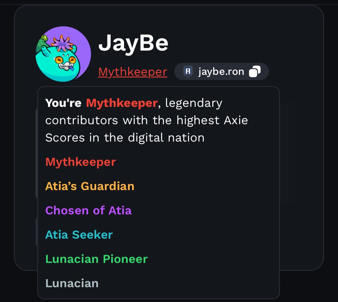 JayBe.ron | KIND (@jaybeverse) on Twitter photo Actions, not words 📝
I’m a Mythkeeper.
The highest rank in <a href="/AxieInfinity/">Axie Infinity</a> ✨
Few have it. Even fewer understand what it means.
My commitment to this digital nation is carved into every point of my Axie Score 👊🏽
I have absolute faith in $RON
And I’ll never forget the game Actions, not words 📝
I’m a Mythkeeper.
The highest rank in <a href="/AxieInfinity/">Axie Infinity</a> ✨
Few have it. Even fewer understand what it means.
My commitment to this digital nation is carved into every point of my Axie Score 👊🏽
I have absolute faith in $RON
And I’ll never forget the game