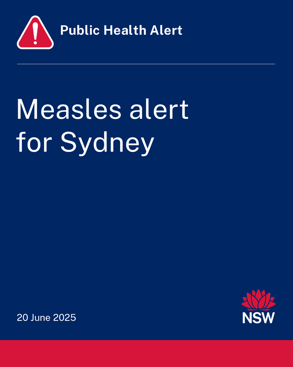 NSWHealth's tweet photo. NSW Health is advising people to be alert for signs and   symptoms of measles after being notified of a confirmed case who was   infectious while travelling through Sydney International Airport. https://t.co/QEIczynUmR