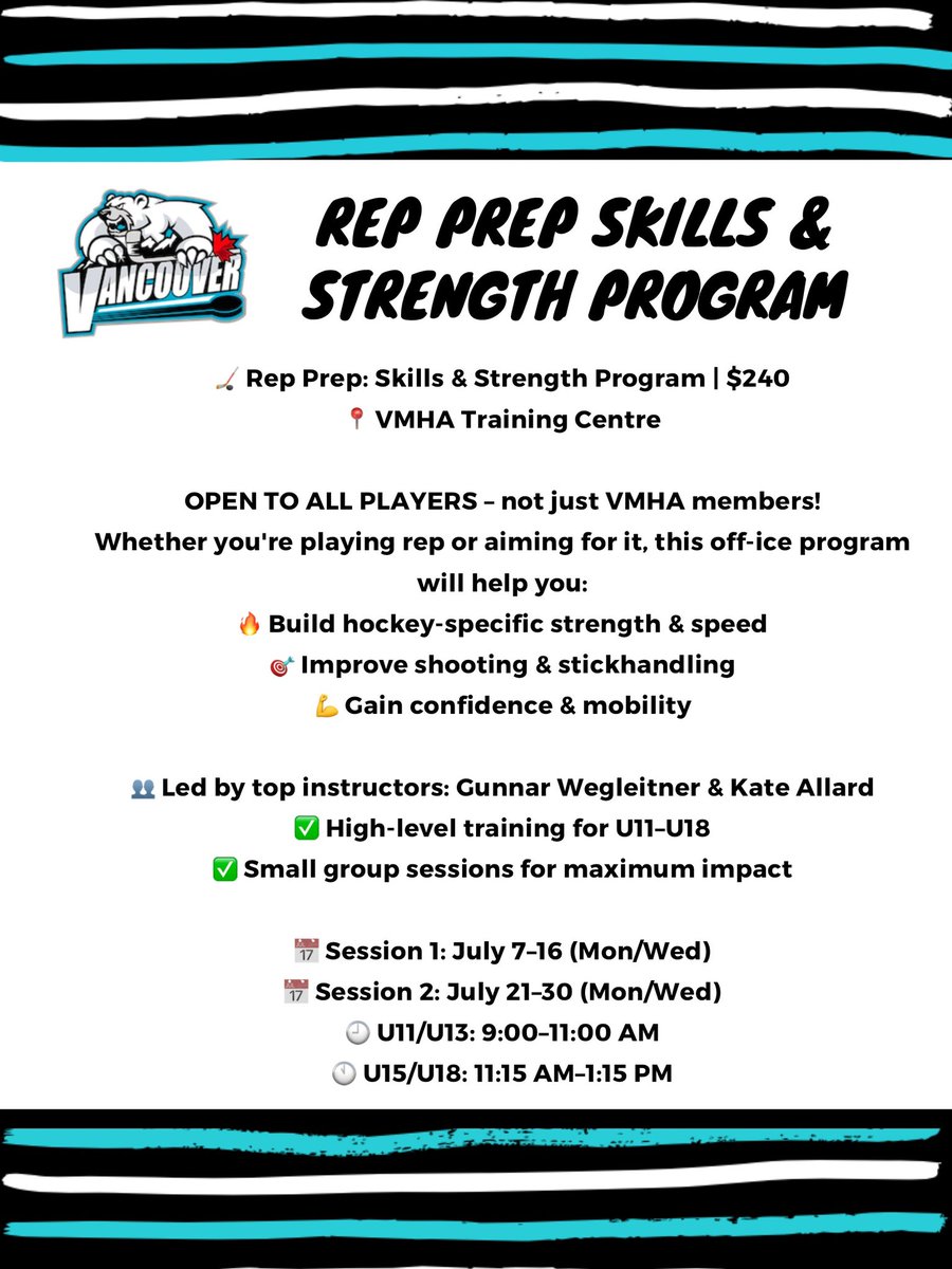 🏒 Rep Prep: Skills &amp; Strength Program | $240  @ VMHA Training Centre. OPEN TO ALL PLAYERS. Build hockey-specific strength &amp; speed. Improve shooting &amp; stick-handling. Gain confidence &amp; mobility!
👥 Led by top instructors: Gunnar Wegleitner &amp; Kate Allard
🔗 vmha.com/vmha-2025-summ…