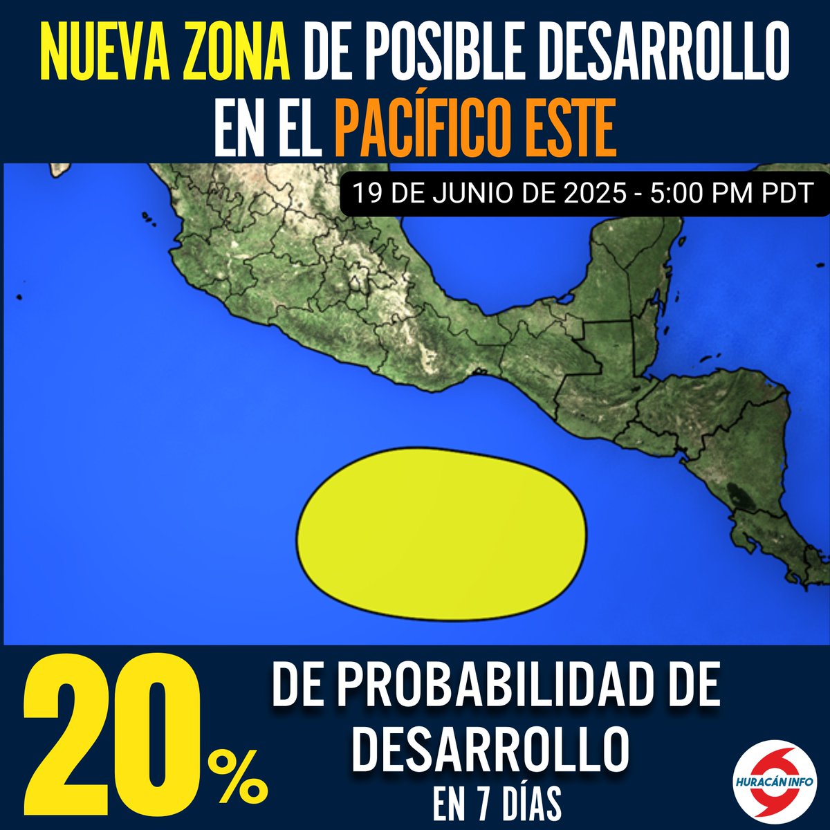 🟡NUEVA ZONA DE POSIBLE DESARROLLO EN EL PACÍFICO ESTE

El Centro Nacional de Huracanes ha empezado a vigilar una nueva zona de posible desarrollo frente a las costas de Centroamérica y el suroeste de México.

Esta zona tiene un 20% (🟡) de probabilidades de desarrollo en 7 días.
