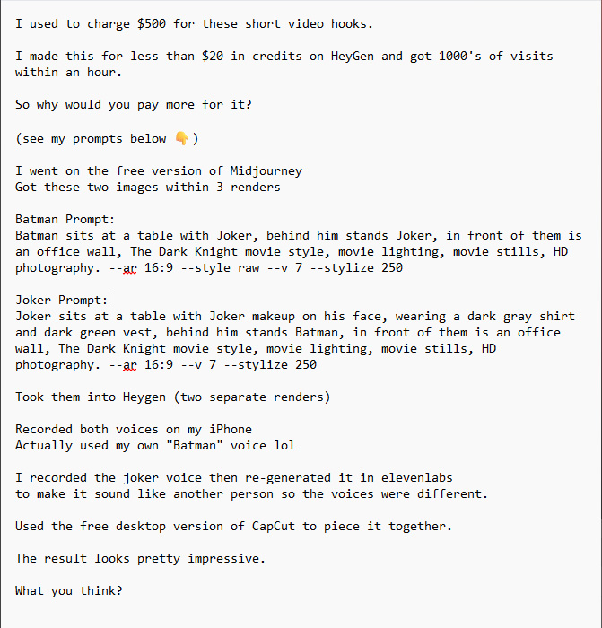 20DollarBeats's tweet photo. I used to charge $200 for these short video hooks.

I made this for less than $20 in credits on HeyGen and got 1000's of visits within an hour.

So why would you pay more for it?

(see my prompts below 👇) https://t.co/q1hT6FCHG2