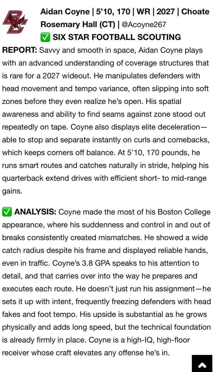 Aidan coyne ‘27 (@acoyne267) on Twitter photo Thank you <a href="/sixstarfootball/">Six Star Football | PLUS+</a> for taking the time to write about me. I can’t wait to get after it this upcoming season!
<a href="/coach_spinnato/">Coach Spinnato</a>
<a href="/BoarsSpeed/">Tooch Speed</a>
<a href="/brendancahill_/">Brendan Cahill</a>
<a href="/CRHFootball/">Choate Rosemary Hall Football 🐗</a> Thank you <a href="/sixstarfootball/">Six Star Football | PLUS+</a> for taking the time to write about me. I can’t wait to get after it this upcoming season!
<a href="/coach_spinnato/">Coach Spinnato</a>
<a href="/BoarsSpeed/">Tooch Speed</a>
<a href="/brendancahill_/">Brendan Cahill</a>
<a href="/CRHFootball/">Choate Rosemary Hall Football 🐗</a>