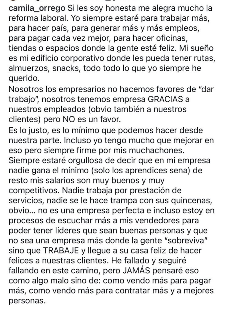 Mientras los que venden un litro de aguardiente a $270.000 en las discotecas, lloran; la empresaria Camila Orrego, dueña de la gran empresa Trendy, y que tiene productos desde $5.000, apoya la Reforma Laboral por el bienestar de los empleados 👏🏽