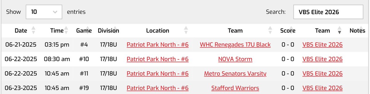 Valley Baseball Scout (@valleybsblscout) on Twitter photo Pitching Rotation for VBS Elite 2026
Patriot Park North (Fairfax, VA)
<a href="/firecrackerbsb/">Firecracker Baseball</a>
Sat 6/21 - Field #6 - 3:15 PM
SP: Dylan Apfel (2026)
RP: Diego Marquez (2026)
Sun 6/22 - Field #6 - 8:30 AM
SP: Jake Messick (2026)
RP: Xavier Banks (2026)
Sun 6/22 - Field #6 - 10:45 AM Pitching Rotation for VBS Elite 2026
Patriot Park North (Fairfax, VA)
<a href="/firecrackerbsb/">Firecracker Baseball</a>
Sat 6/21 - Field #6 - 3:15 PM
SP: Dylan Apfel (2026)
RP: Diego Marquez (2026)
Sun 6/22 - Field #6 - 8:30 AM
SP: Jake Messick (2026)
RP: Xavier Banks (2026)
Sun 6/22 - Field #6 - 10:45 AM
