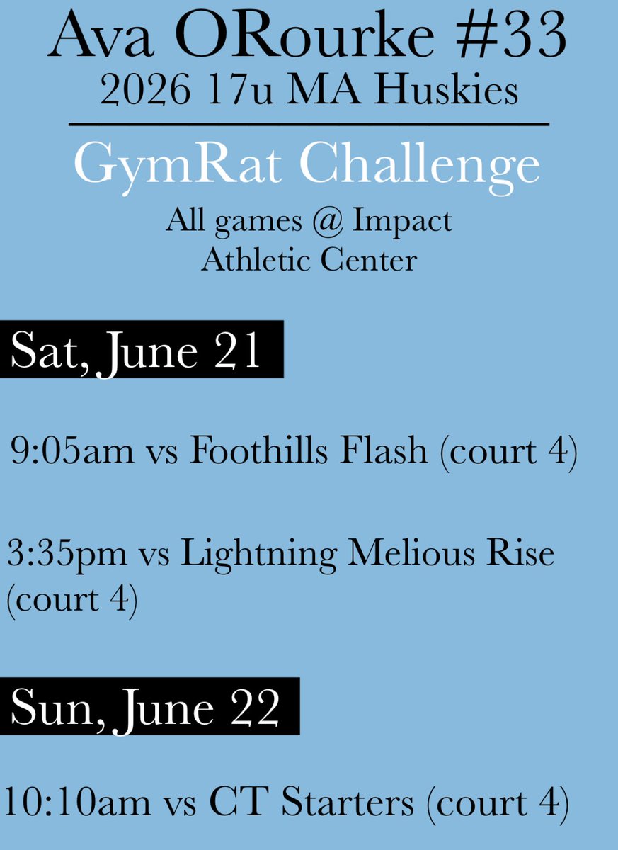 Here is my schedule for the GymRat Challenge this weekend! <a href="/MAHuskies/">MA_Huskies</a> <a href="/coachchekim1/">Che</a> <a href="/atrtraining978/">Above The Rim Training</a>