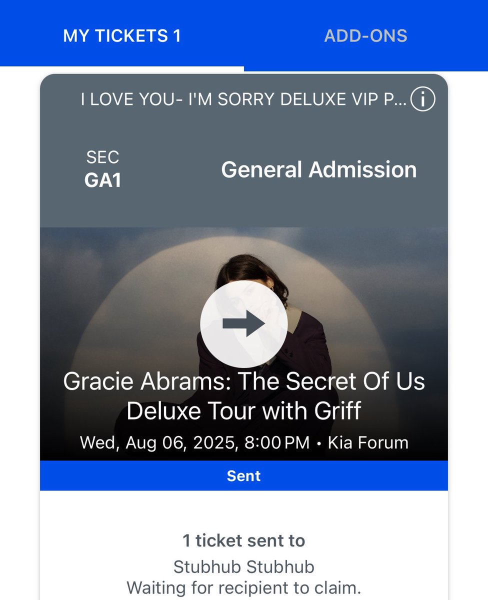 parkersrep's tweet photo. hello! i’m selling my gracie ilyis vip ticket for night 1. pls dm if interested, i’ve listed it on stubhub! https://t.co/dvlKknWuuT