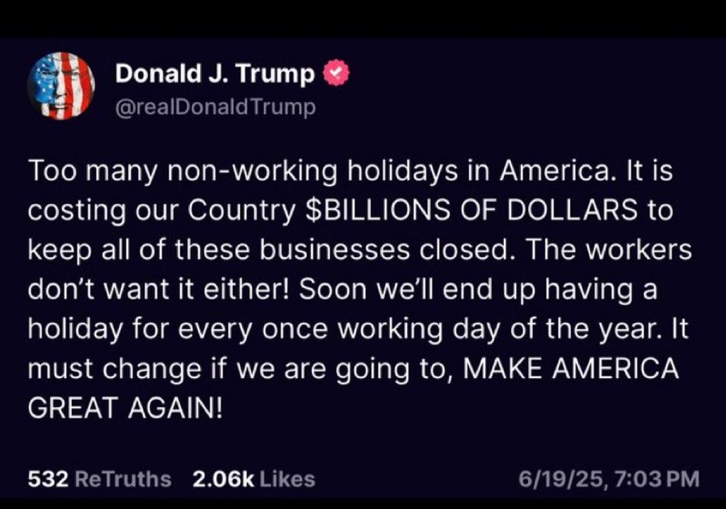 The audacity of this lazy mofo. muthafuka golfs most of his presidency and says we have to many Non-working holidays. 🤡🤡