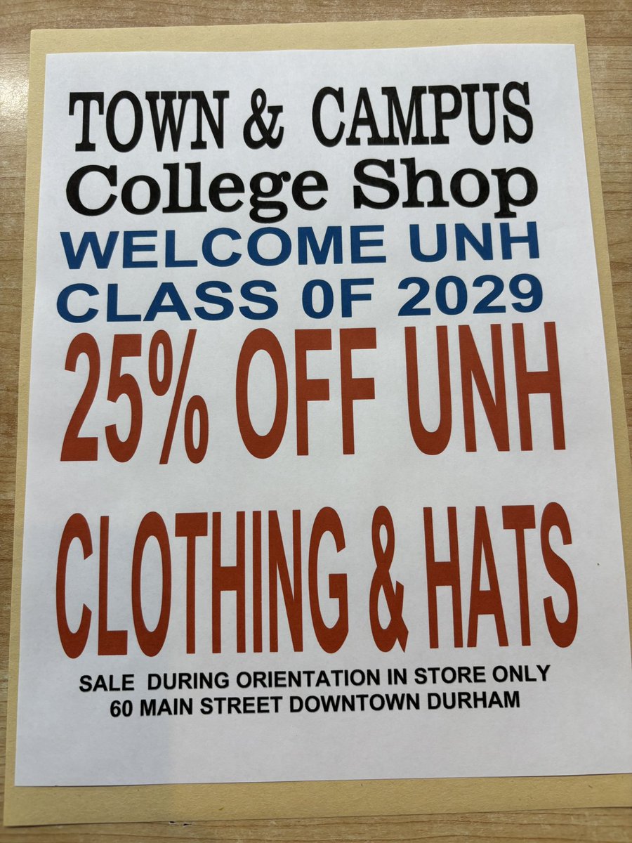 UNH transfer orientation is tomorrow, Friday, June 20th. We are open 10 AM till 6 PM. Please stop by to get your free water bottle and save with 25% off all university of New Hampshire clothing and hats.