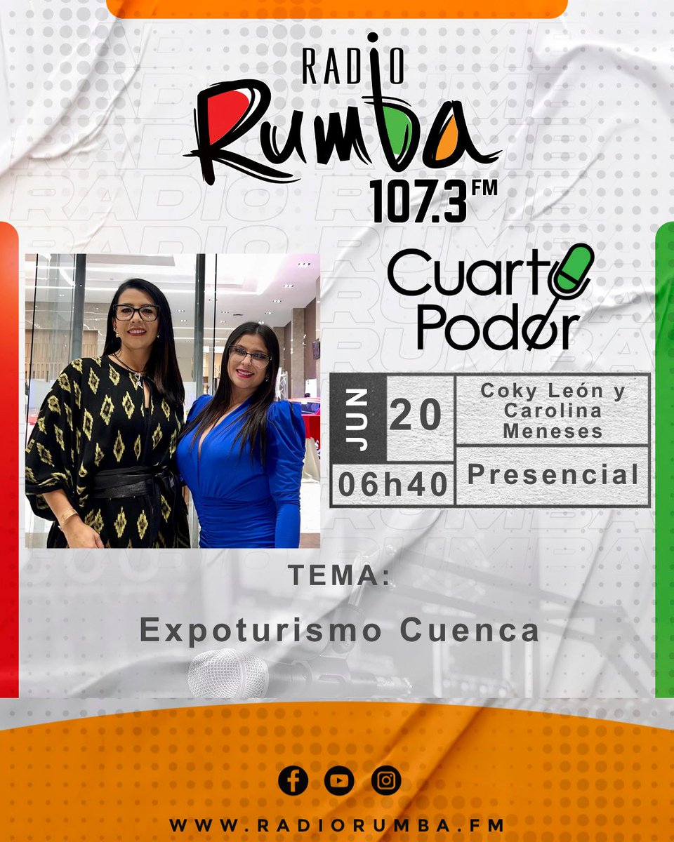 Mañana en #CUARTOPODER tendremos a Coky León Ordóñez (<a href="/MaAngelicaLeon/">Ma Angélica COKY León Ordóñez</a>) y Carolina Meneses, con el tema: ''Expoturismo Cuenca'' en la 107.3 #FM #RadioRumbaNetwork