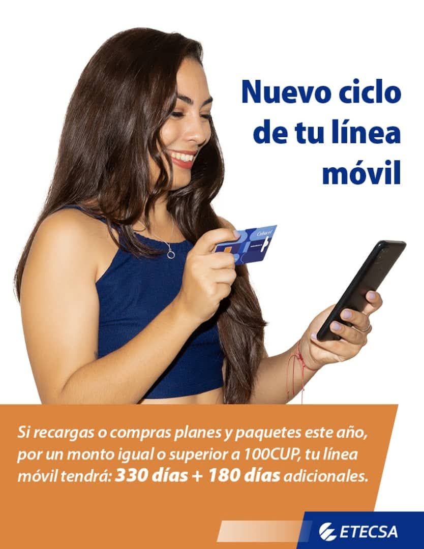 ¡Nuevo ciclo de vida de tu línea móvil! ⏰
Con 100 CUP o más en recargas, planes o paquetes a través de #Transfermóvil y #ServiciosEnLínea, tu línea AHORA se mantiene activa por más tiempo: 330 días + 180 días adicionales. 🔥📲