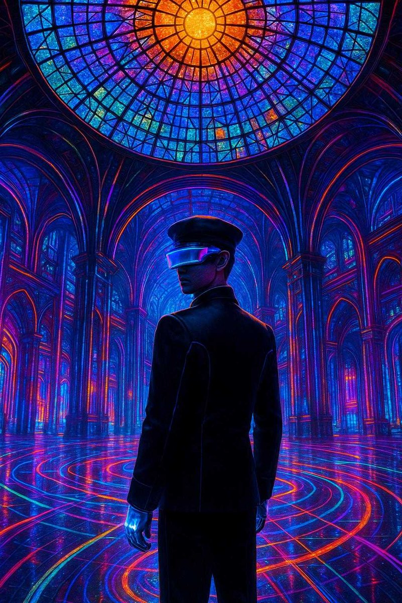 DreamSurge's tweet photo. Stained Glass Neon Dome, https://t.co/OvCIhF7lYX, Vivid tech arches blaze above a lone silhouette—solar dreams in luminous bloom. #cyberpunk #futuristiccity #retrowave #stainedglass #livewallpaper #dreamsurgecity https://t.co/CZQ8GWMuPH