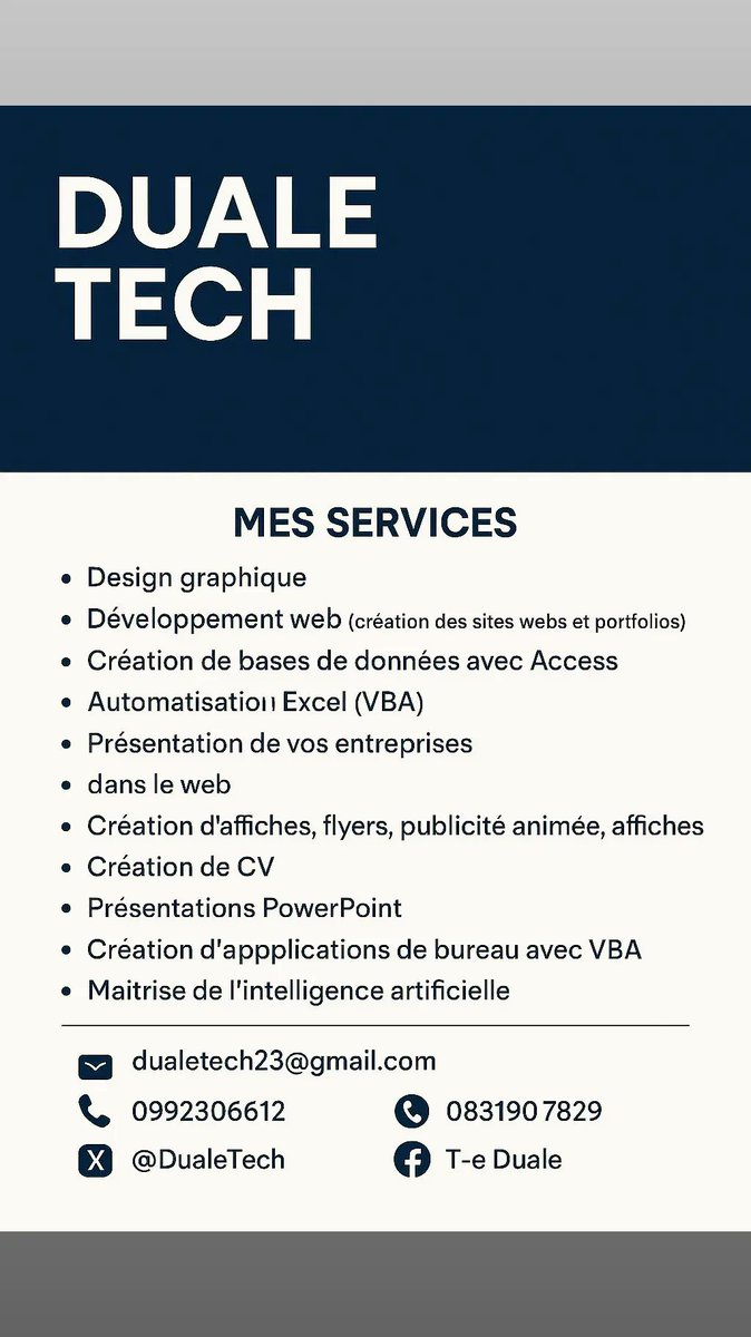 DualeTech's tweet image. &amp;gt; 💼 Chez DualeTech, nous aidons les entreprises, entrepreneurs et indépendants à automatiser leurs tâches, professionnaliser leurs supports, et booster leur visibilité.

  #bureautique #designCanva #automatisationExcel #Access #PowerPoint #servicesdigitaux #entrepreneuriat #rdc
