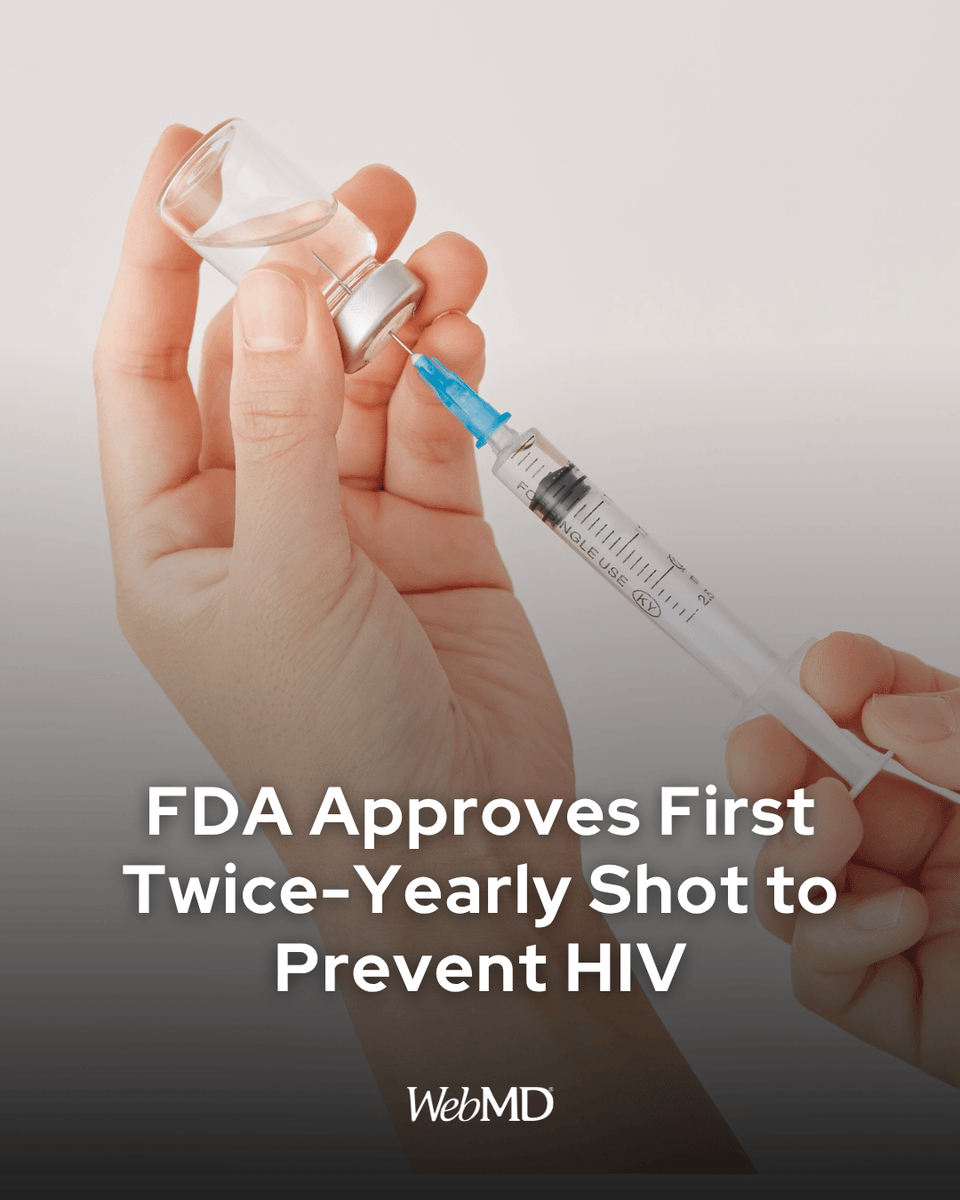 WebMD's tweet photo. The FDA has approved the first twice-yearly shot to reduce the risk of HIV infections. 

Originally approved in 2012, the drug – known as lenacapavir but sold under the name Yeztugo – offers a new way to protect against this life-threatening infection that affects more than a million people in the U.S. and has no cure. The shot is given before potential exposure to the virus. https://t.co/WHb9DD5v5t