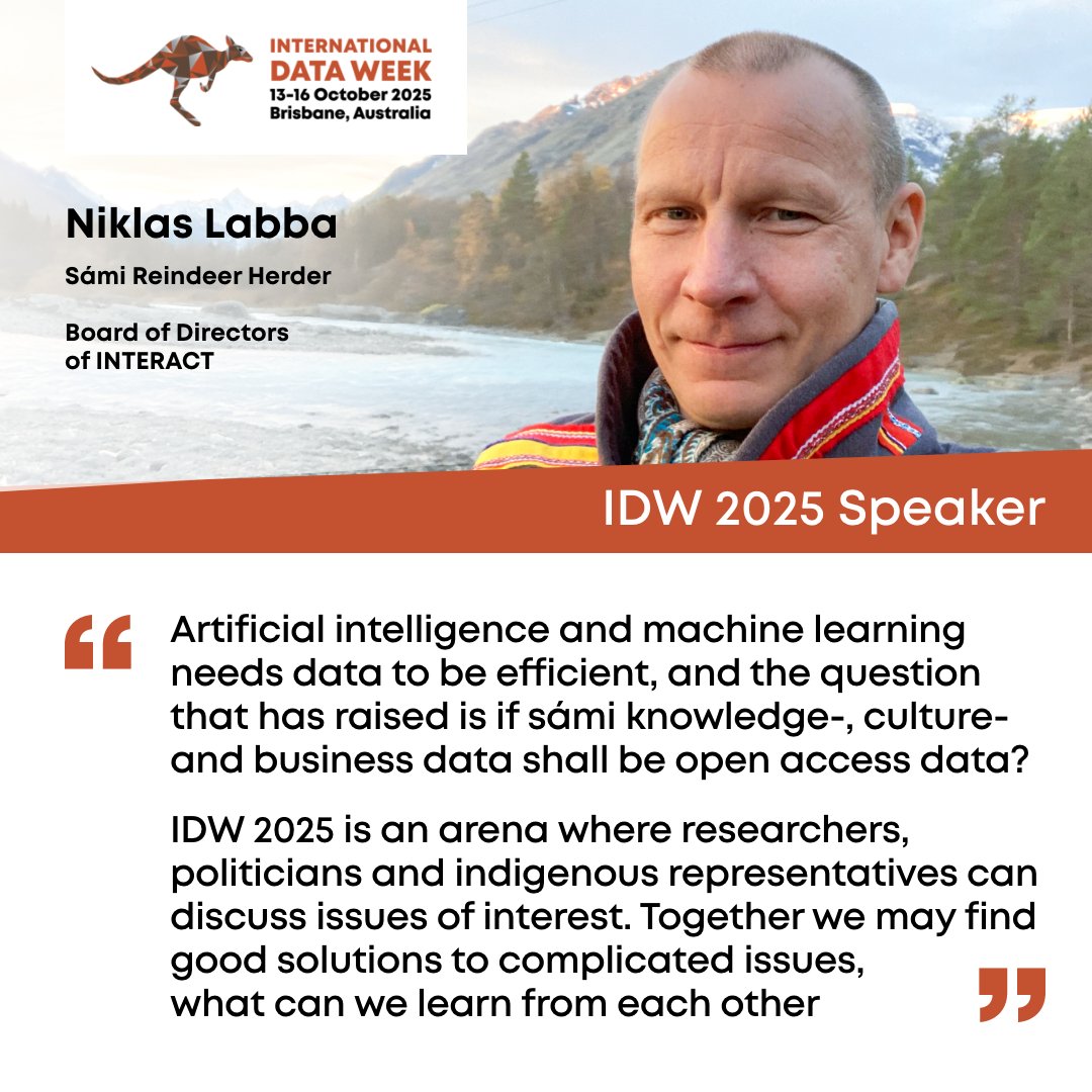 IntDataWeek's tweet image. Meet one of our #IDW2025 keynote speakers, a Sámi Reindeer Herder Niklas Labba
Learn more about Niklas: ow.ly/ktHS50WbkIc
#DataPositiveChange #SciDataCon25 #RDAPlenary