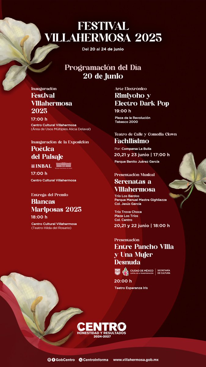 🎉¡Vive el #FestivalVillahermosa2025! Estos son los eventos del primer día de actividades. Disfruta con tu familia y amigos de espectáculos artísticos y culturales de talla nacional e internacional. ¡Celebremos nuestra ciudad!✨
🎟️Entrada libre.
#HonestidadYResultados