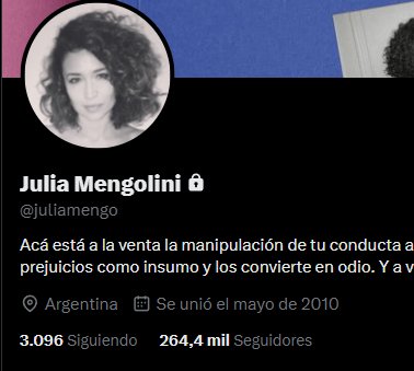 "Julia Mengolini":
Porque tras descubrirse que sostuvo una relación incestuosa con su hermano, puso en privado sus redes.