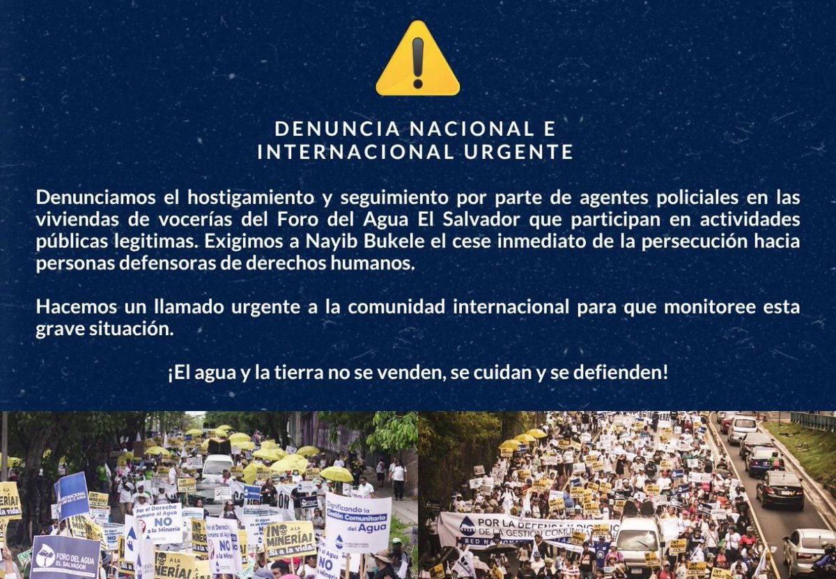 #ALERTA 🚨🚨🚨 Denunciamos el hostigamiento y seguimiento por parte de agentes policiales en las viviendas de vocerías del Foro del Agua El Salvador que participan en actividades públicas legitimas. 📢📢

#LibertadParaAlejandro #LibertadParaJoséÁngel #libertadpararuthlopez