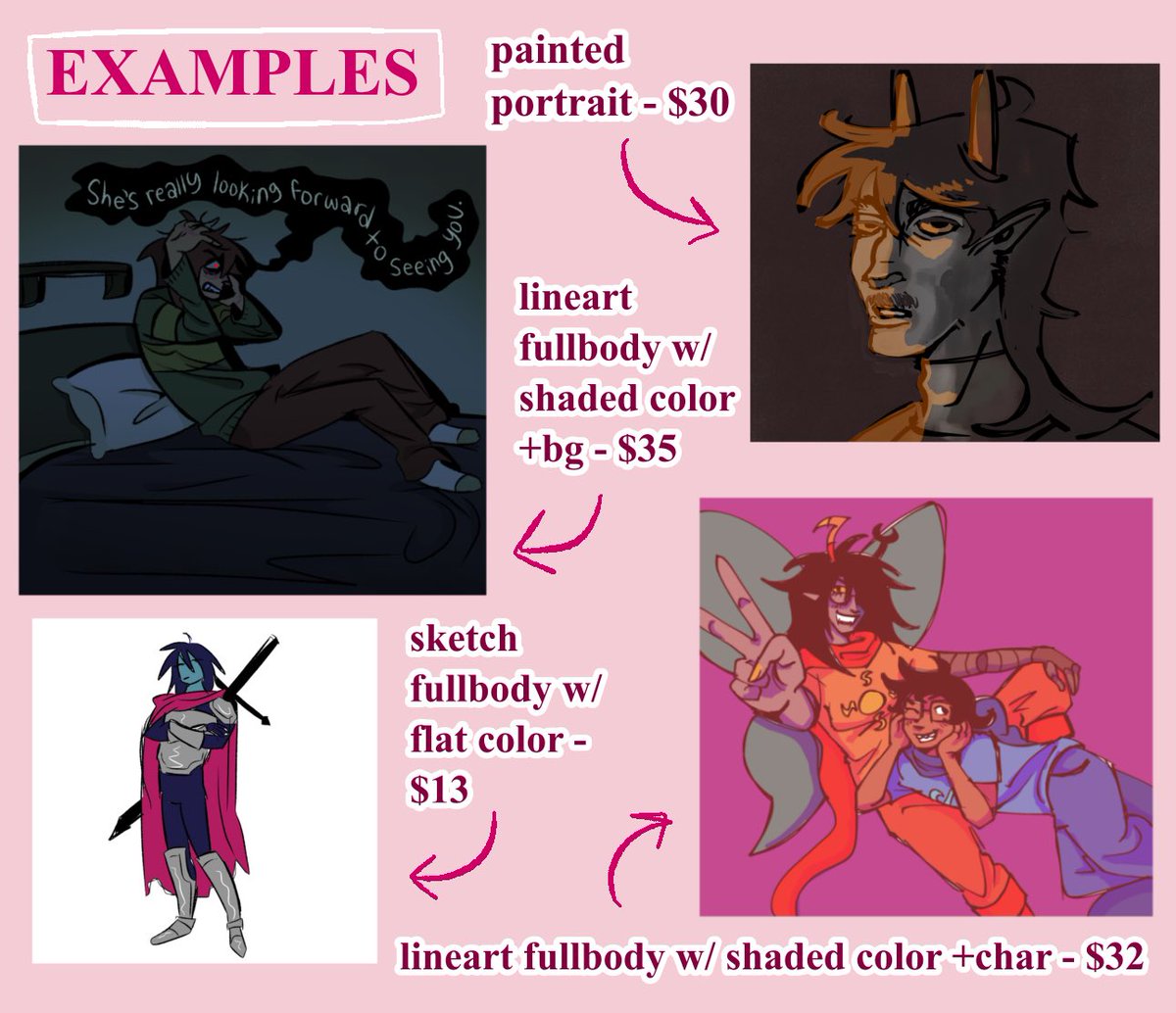 hi everyone, my c0mms are open :) DM me! feel free to ask about anything not specified here. thank you!
please send reference(s) &amp; specify the dynamics/personalities/any poses you’d like to see
paypal &amp; venmo are both @ rykitty
half of total paid upfront