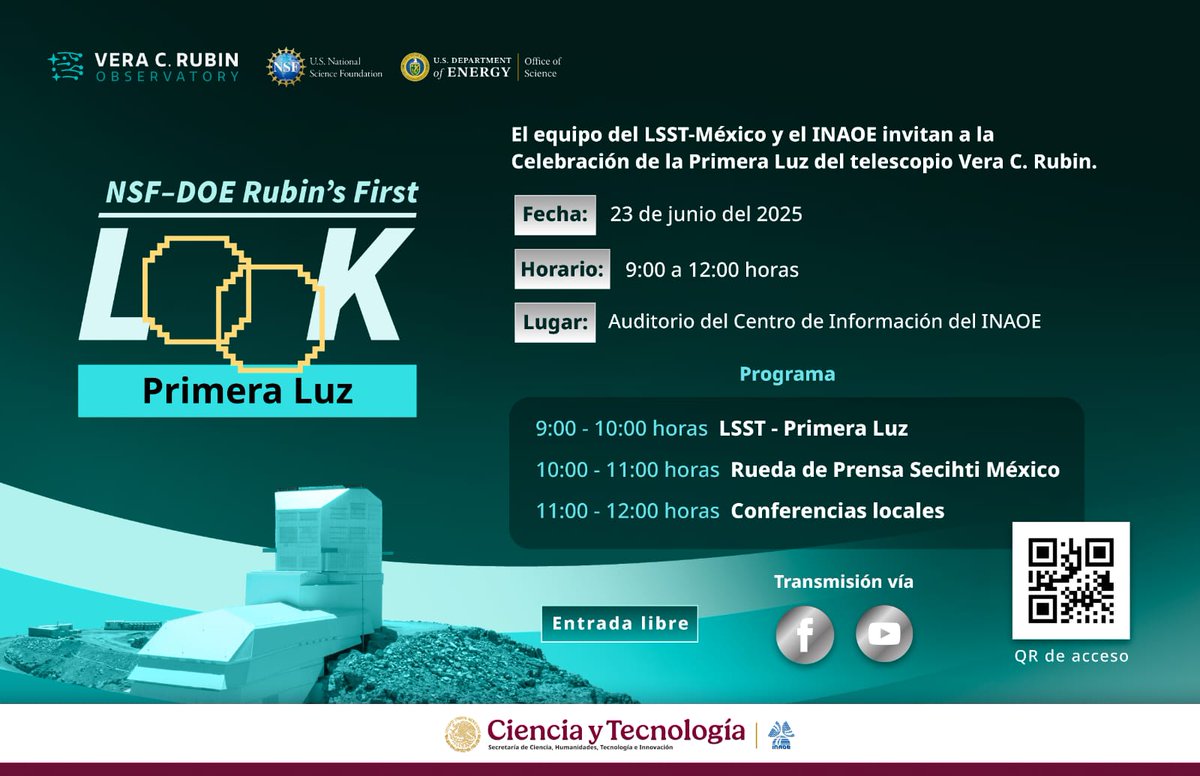 GTM / LMT (@gtmlmt_oficial) on Twitter photo ¡Primera Luz del telescopio Vera C. Rubin!
Este 23 de junio celebra con nosotros este hito astronómico en el <a href="/inaoe_mx/">INAOE México</a>.
🕘 9:00 a 12:00 h
📍 Auditorio del Centro de Información
🎥 Transmisión en vivo
🔓 Entrada libre
#LSST #PrimeraLuz #VeraRubin #INAOE #Astronomía ¡Primera Luz del telescopio Vera C. Rubin!
Este 23 de junio celebra con nosotros este hito astronómico en el <a href="/inaoe_mx/">INAOE México</a>.
🕘 9:00 a 12:00 h
📍 Auditorio del Centro de Información
🎥 Transmisión en vivo
🔓 Entrada libre
#LSST #PrimeraLuz #VeraRubin #INAOE #Astronomía
