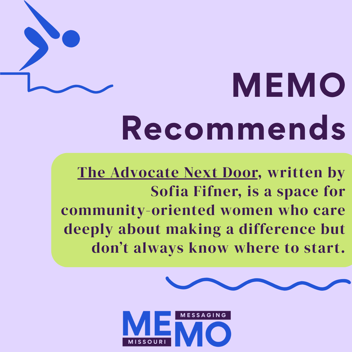 MissouriMemo's tweet photo. The Advocate Next Door, written by @sophiafifner, is a space for community-oriented women who care deeply about making a difference but don’t always know where to start. https://t.co/gq9ycuSShF
