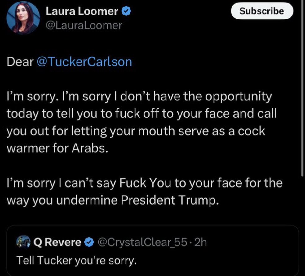Tucker can’t handle the hate sex Laura Loomer wants to have with him.