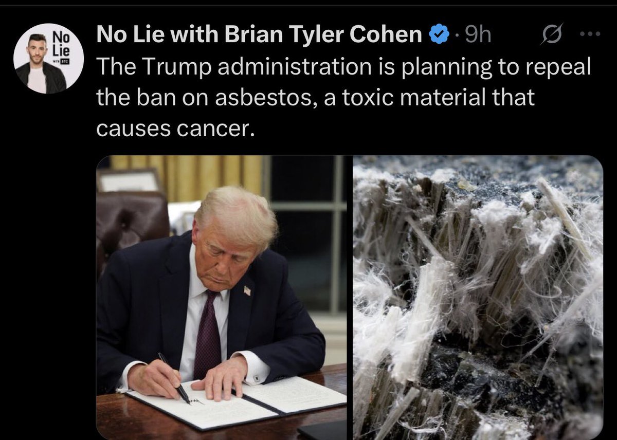 Yet another reason Trump and his administration are f-in monsters. My grandfather was part of a nation wide class action lawsuit because asbestos poisoned him in the workplace, and it eventually gave him cancer and killed him. WHY ARE WE BRINGING THIS SHIT BACK!?
