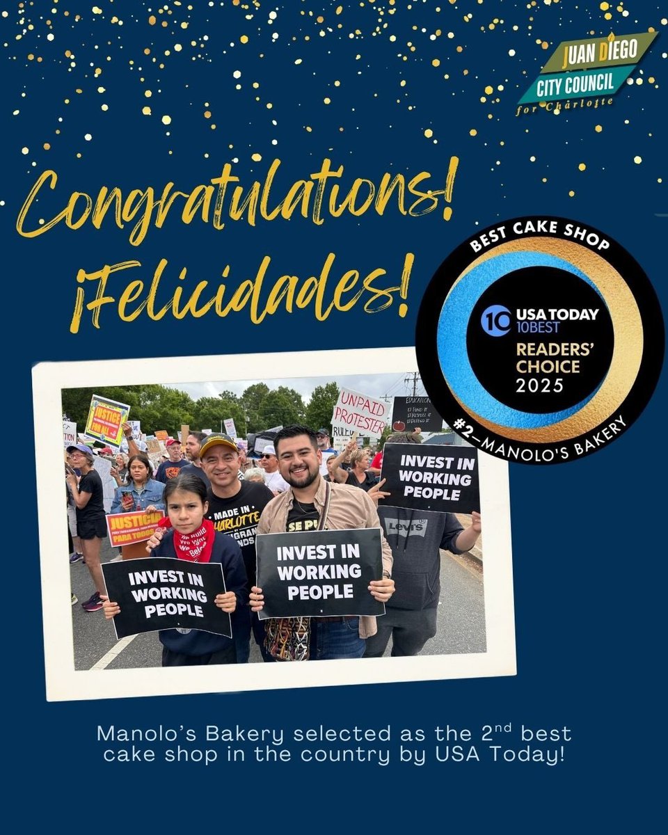 <a href="/ManolosBakery/">Manolo's Bakery</a> was just named the #2 bakery in the nation, but to #EastCLT, it’s always been #1. 💚

Manolo is family. A mentor. A fighter for a better East CLT when so many turned their backs.

Immigrant-owned businesses like his deserve our support year-round. 

#jd4clt