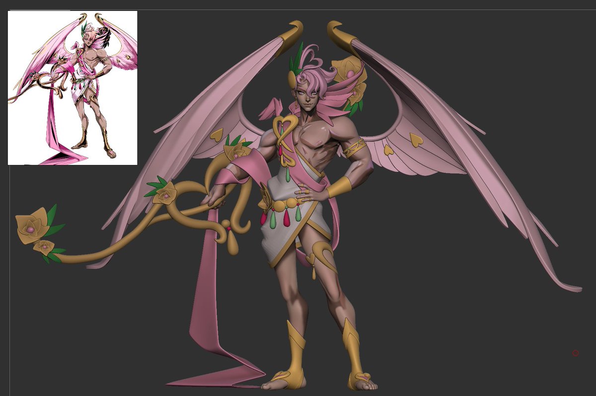 Some progress on Eros!!❤️‍🔥Finished up the model with some veerry rough idea on how to approach the textures! I plan to do the hand painting in Substance - wish me luck for the July 1st deadline🤓